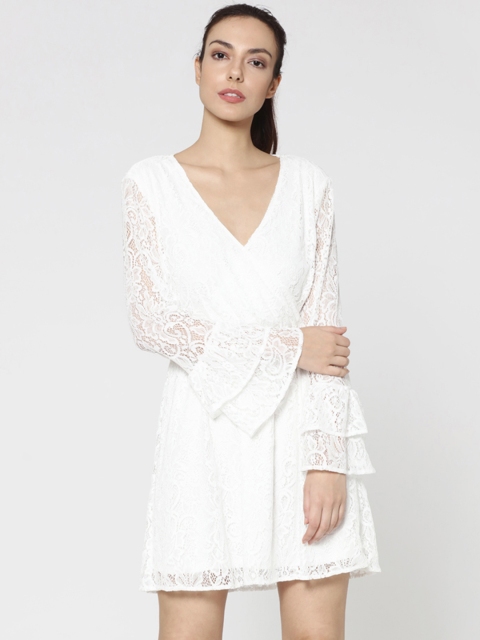 

ONLY Women White Self Design Fit and Flare Dress