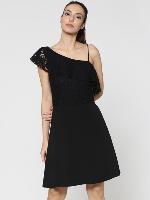 

ONLY Women Black Self Design One-shoulder Fit & Flare Dress