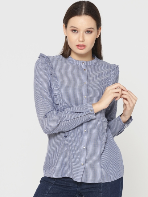 

ONLY Women Blue & Off-White Striped Shirt Style Top