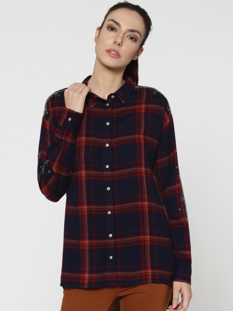 

ONLY Women Navy Blue & Red Regular Fit Checked Casual Shirt