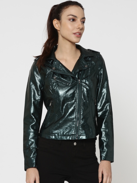 

ONLY Women Green Solid Sheen Biker Jacket
