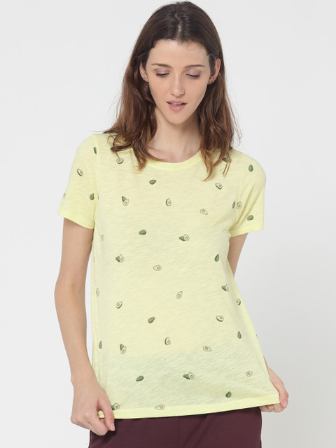 

ONLY Women Yellow Printed Round Neck T-shirt