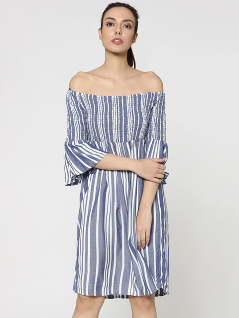 

ONLY Women Blue & White Striped Off-shoulder Fit and Flare Dress