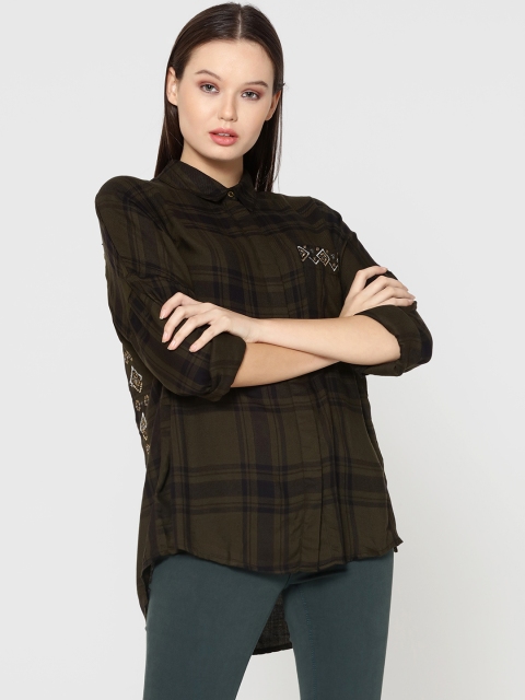 

ONLY Women Olive Green & Black Regular Fit Checked Casual Shirt