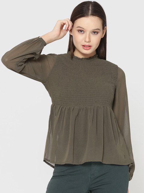 

ONLY Women Olive Green Sheer Peplum Top