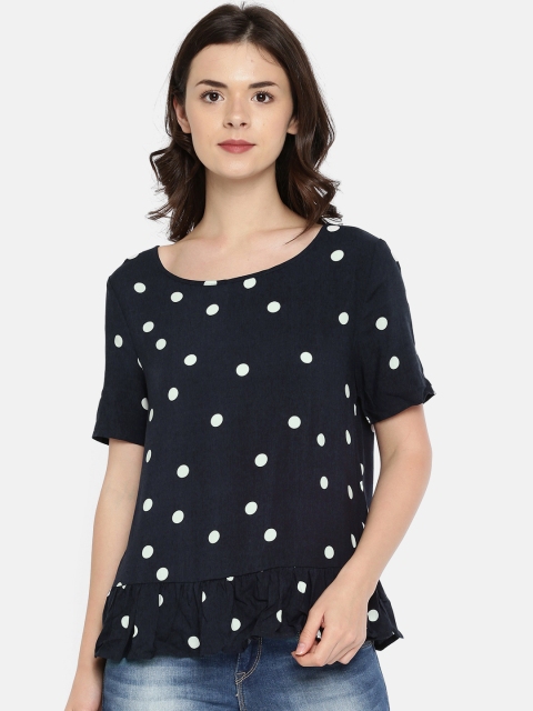 

ONLY Women Navy & White Geometric Solid Peplum Top, Navy blue