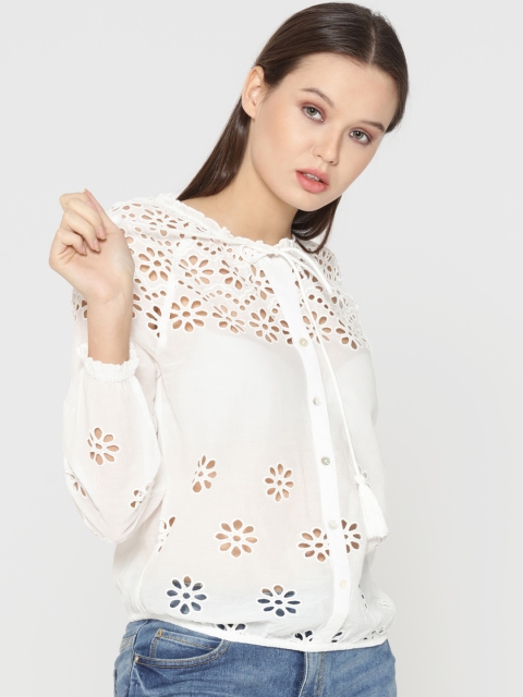 

ONLY Women White Self Design Semi-Sheer Top