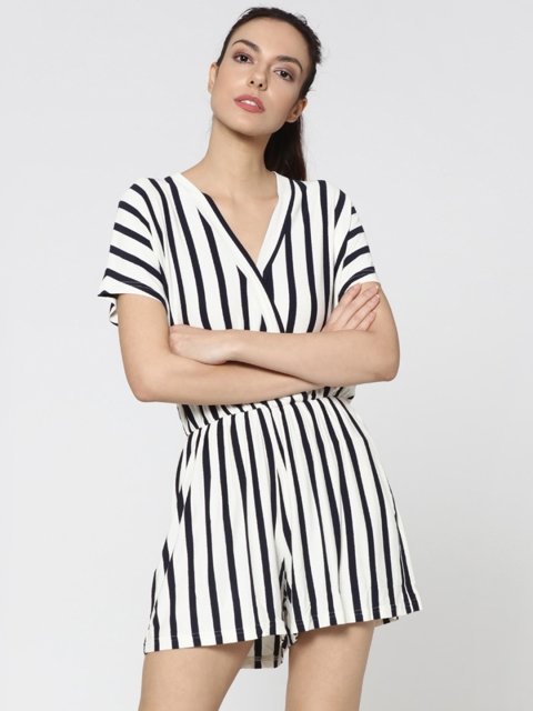 

ONLY Women White & Navy Blue Striped Playsuit