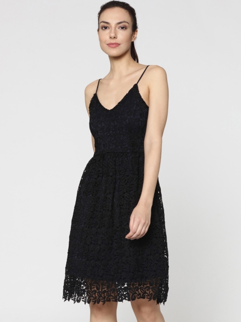 

ONLY Women Black & Navy Self Design Fit and Flare Dress