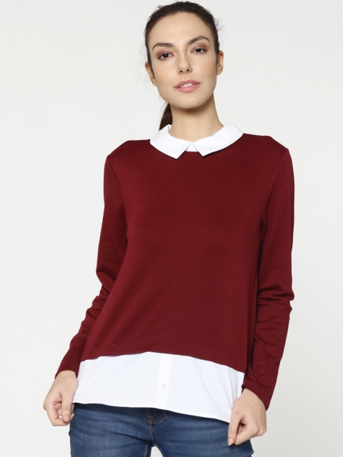 

ONLY Women Maroon & White Solid Shirt Style Top