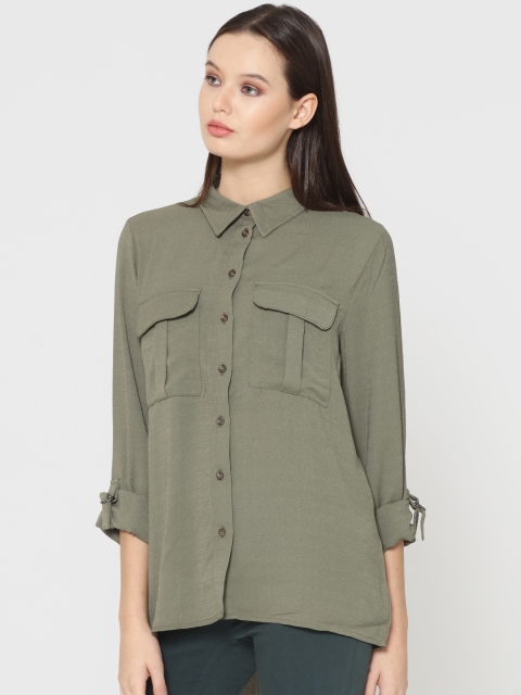 

ONLY Women Olive Green Regular Fit Solid Casual Shirt