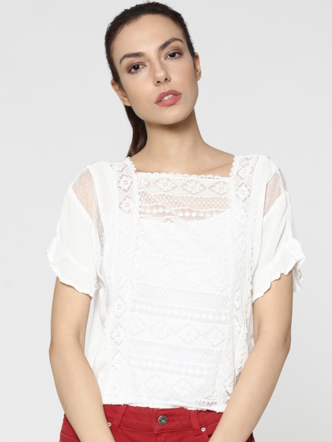 

ONLY Women White Lace Semi-Sheer Blouson Top