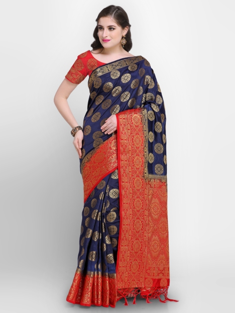

Rajnandini Navy Blue & Red Silk Blend Woven Design Kanjeevaram Saree