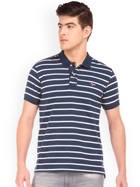 

Flying Machine Men Navy Blue Striped Polo Collar T-shirt