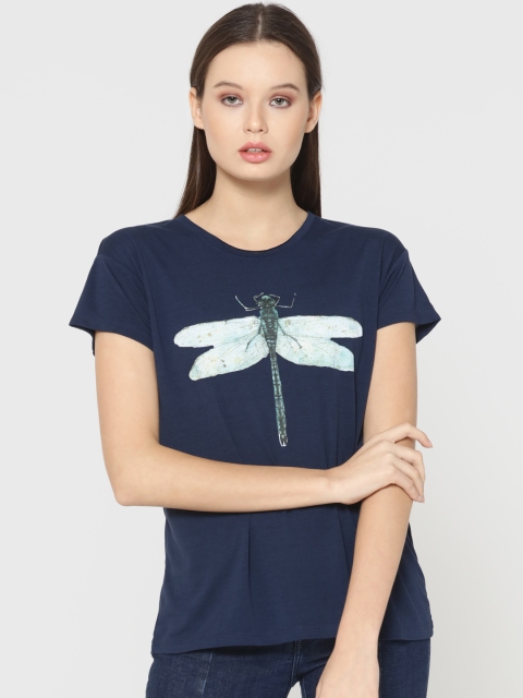 

ONLY Women Navy Blue Printed Round Neck T-shirt