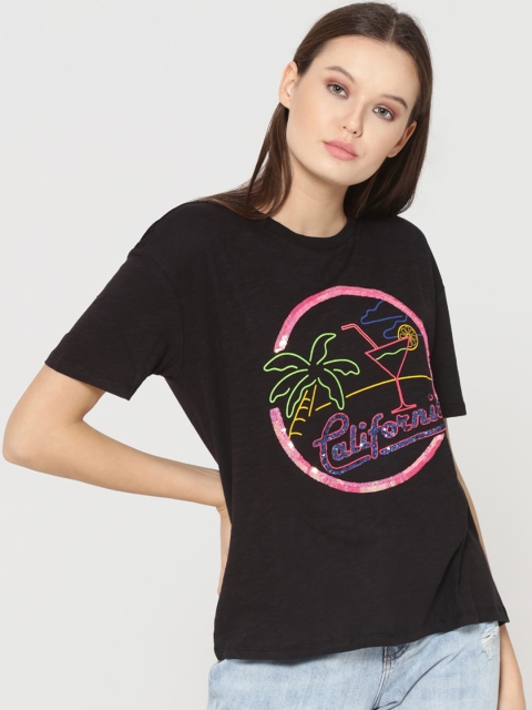 

ONLY Women Black Self Design Round Neck T-shirt