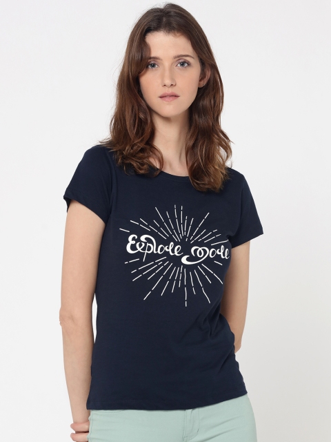 

ONLY Women Navy Blue Printed Round Neck T-shirt