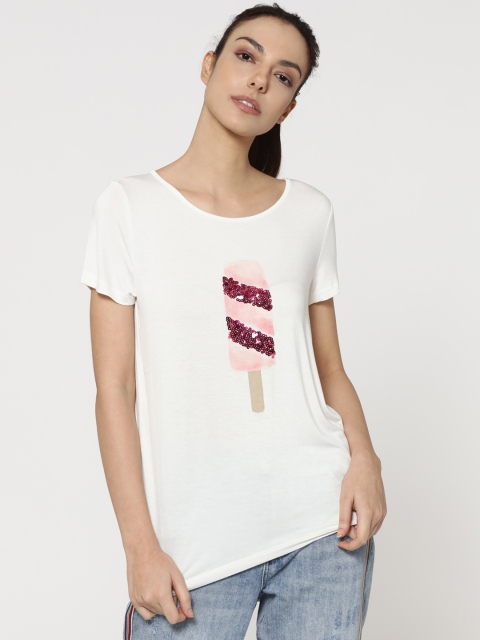 

ONLY Women White Sequinned Round Neck T-shirt