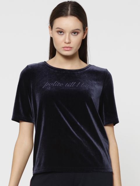 

ONLY Women Navy Blue Solid Round Neck Velvet T-shirt