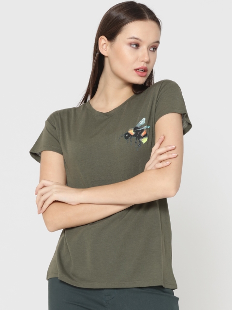 

ONLY Women Olive Green Solid Round Neck T-shirt