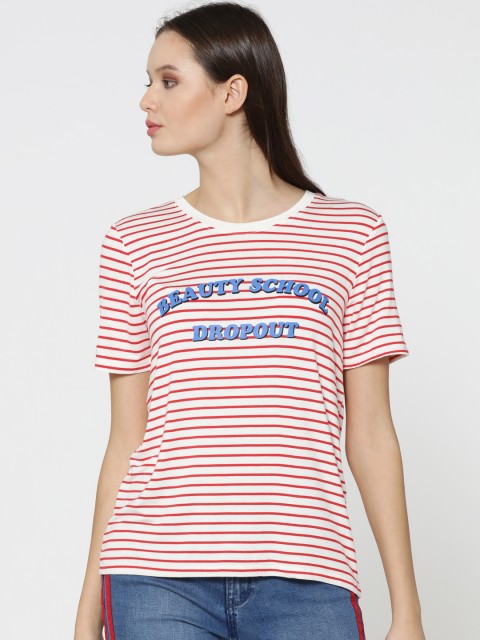 

ONLY Women Off-White & Red Striped Round Neck T-shirt