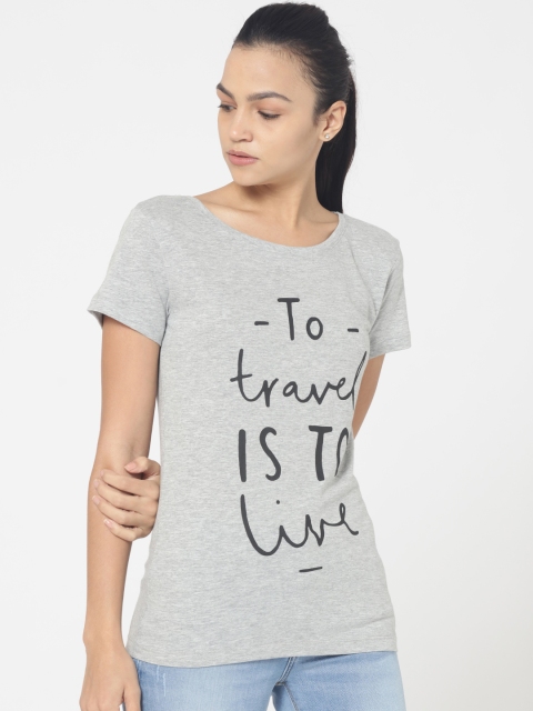 

ONLY Women Grey Melange Printed Round Neck T-shirt