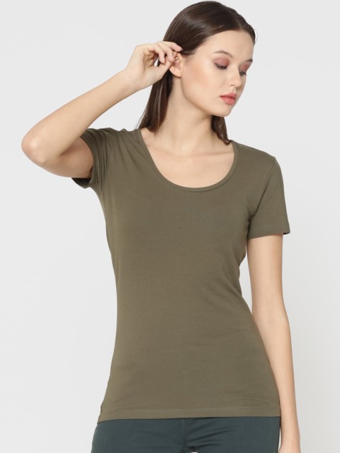 

ONLY Women Olive Green Solid Scoop Neck T-shirt