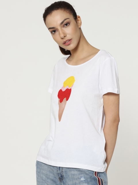 

ONLY Women White Printed Round Neck T-shirt
