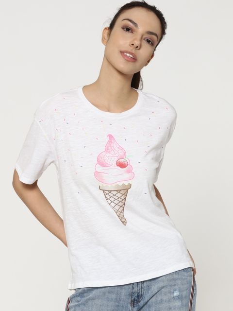 

ONLY Women White Printed Round Neck T-shirt