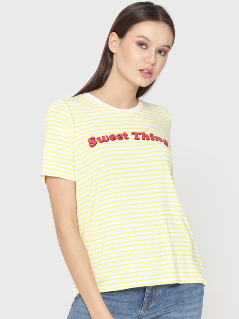 

ONLY Women Yellow & Off-White Striped T-shirt