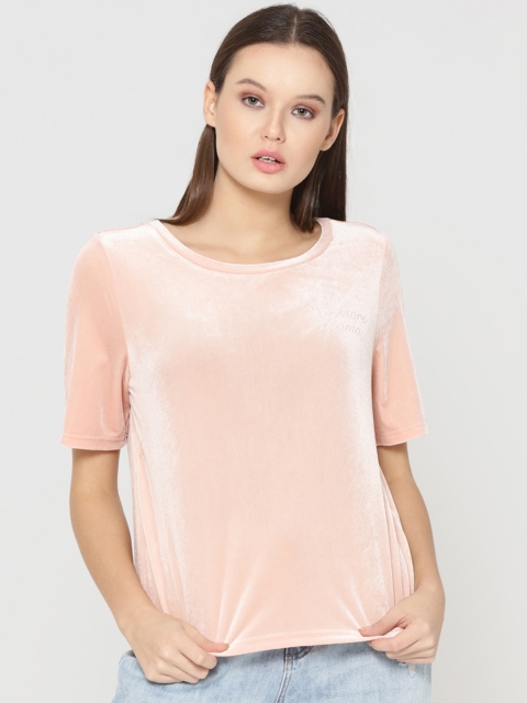 

ONLY Women Peach-Coloured Solid Round Neck Velvet T-shirt