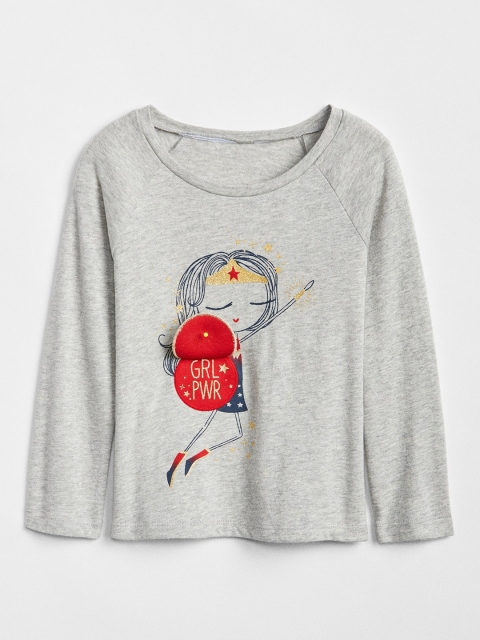 

GAP Girls Grey Wonder Woman Printed Scoop Neck T-shirt