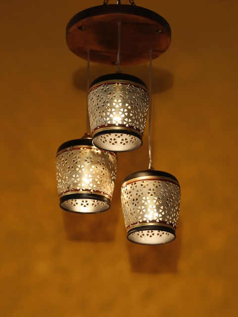 

ExclusiveLane Barrel Shaped Chandelier With Metal Hanging Lamp Shades In Gleaming Golden (3 Shades), Gold