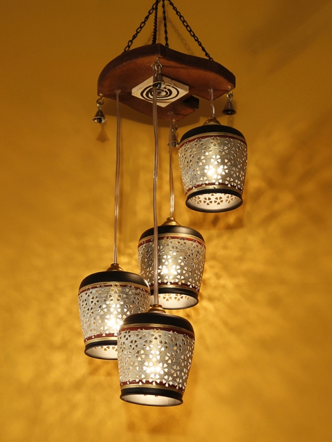 

ExclusiveLane Gleaming Golden Barrel Shaped Chandelier With Metal Hanging Lamp Shades(4 Shades), Brown