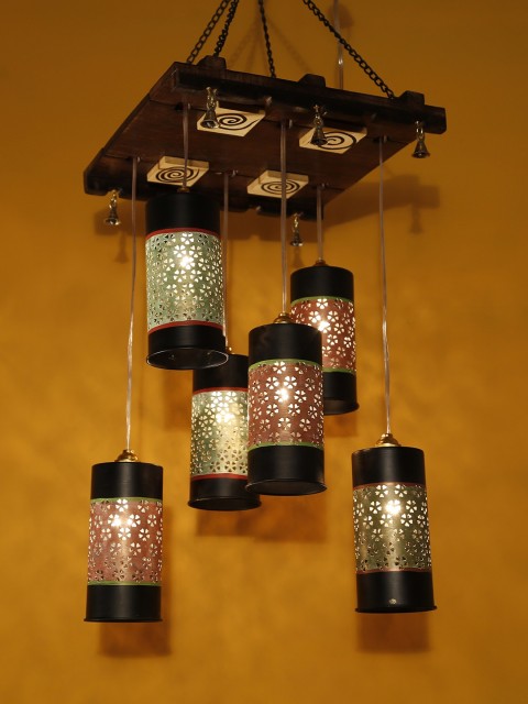 

ExclusiveLane Brown Cylindrical Chandelier With Metal Hanging Lamp Shades (6 Shades)