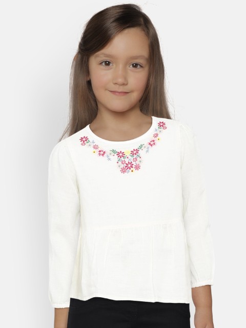 

GAP Girls' Ivory White Embroidered Peplum Pure Cotton Top