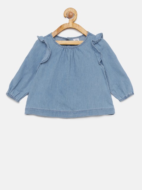

GAP Girls' Blue Denim Ruffle Sleeve Pure Cotton Top
