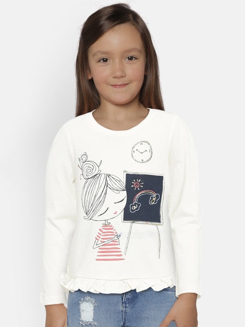 

GAP Girls Off- White Ruffle Graphic Long Sleeve Pure Cotton T-shirt