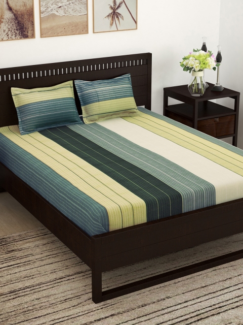 

Story@home Yellow & Green Striped Flat 160 TC Cotton 1 Queen Bedsheet with 2 Pillow Covers