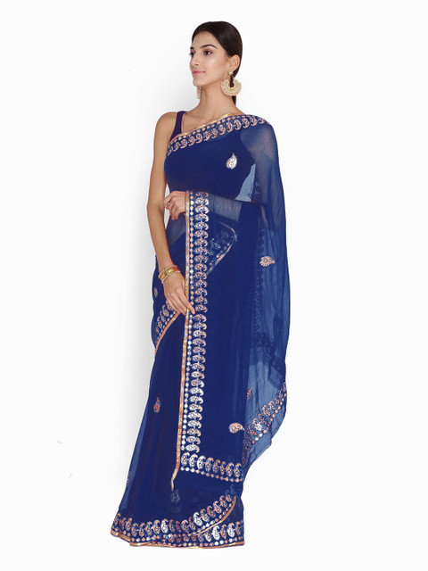 

Chhabra 555 Navy Blue & Beige Poly Chiffon Embroidered Saree