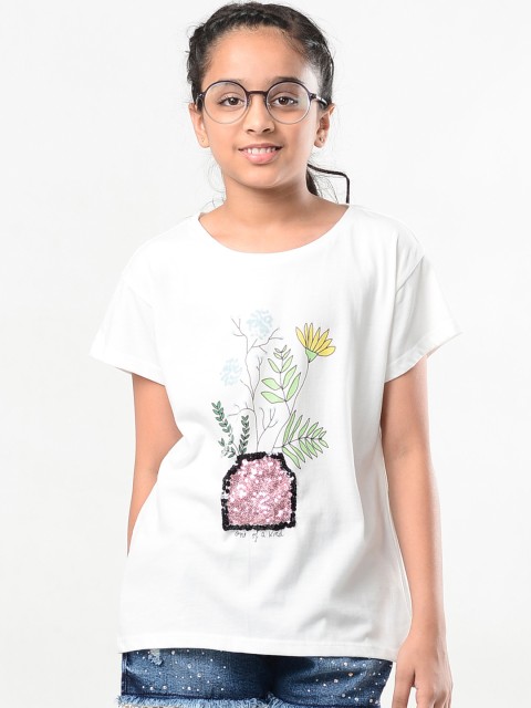 

Natilene Girls White Printed Round Neck T-shirt