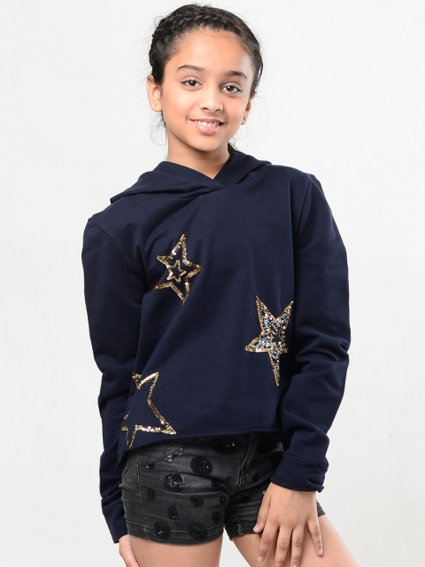 

Natilene Girls Navy Blue & Gold-Toned Printed Hooded Sweatshirt