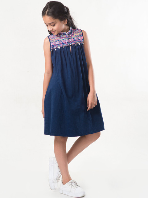 

Natilene Girls Navy Blue Printed A-Line Dress