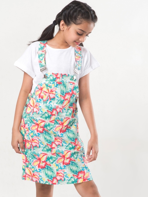 

Natilene Girls Green & Pink Printed Pinafore Dress with T-shirt