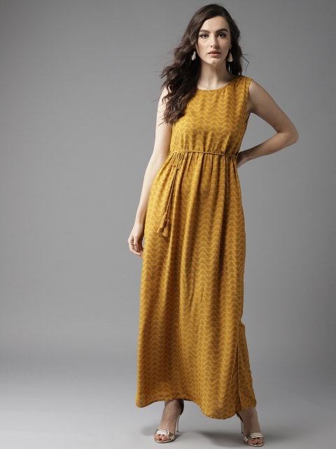 

HERE&NOW Women Mustard Yellow & Black Printed Maxi Dress