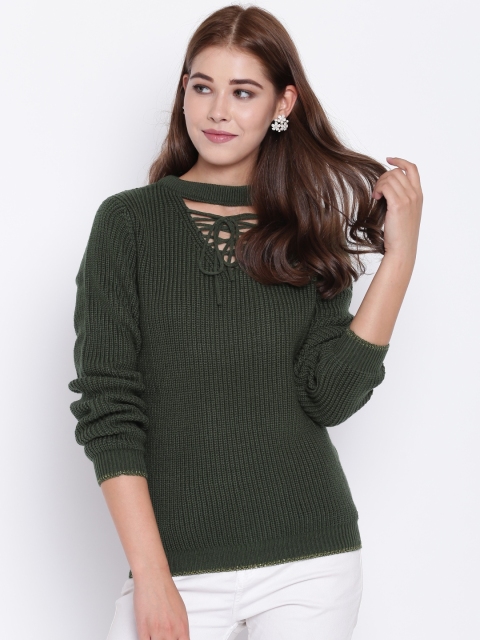 

Madame Women Olive Green Ribbed Pullover