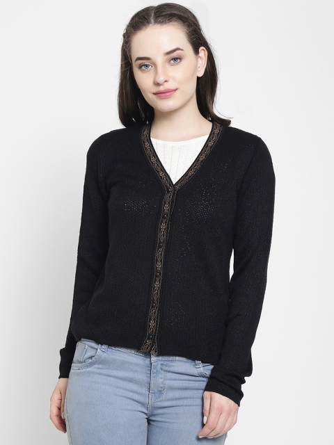 

Madame Women Black Open-Knit Self Design Cardigan
