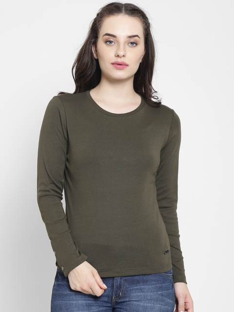 

Madame Women Olive Green Solid Round Neck T-shirt