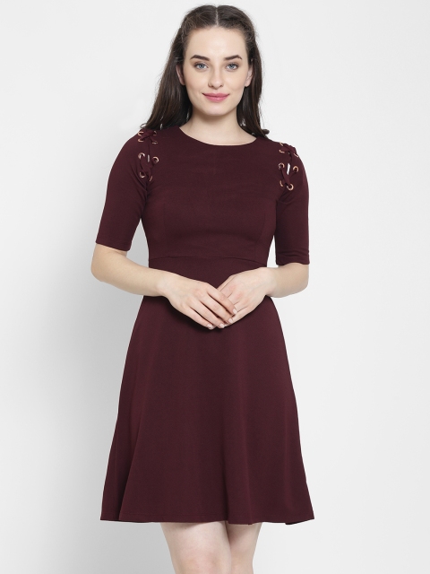 

Madame Women Burgundy Solid Fit and Flare Dress