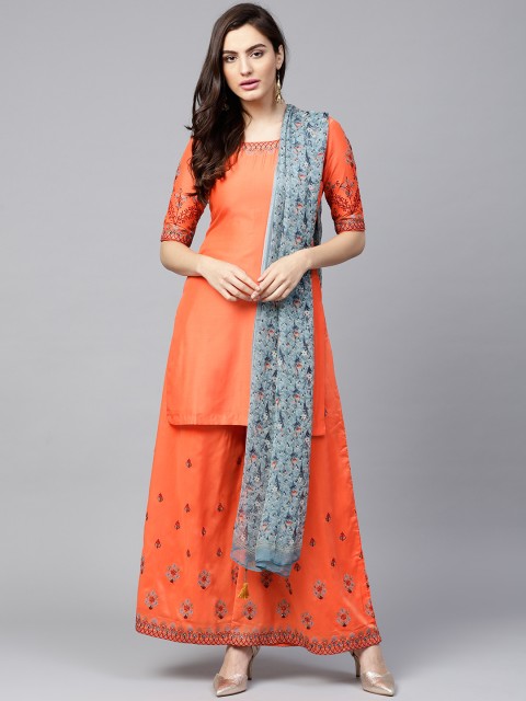 

Saree mall Coral Orange Embroidered Unstitched Dress Material